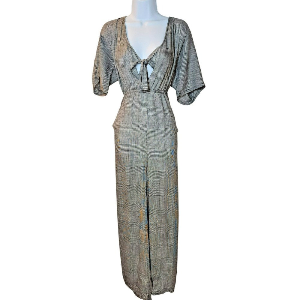 Lovestitch Wide-Leg Jumpsuit‎ – Plaid Tie-Front Boho Lounge, Size L
